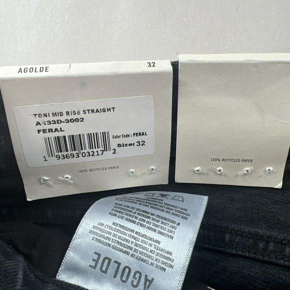 NEW AGOLDE Jeans Toni Mid Rise Straight Leg Raw Hem in Black Feral Wash Size 32 - Picture 8 of 12